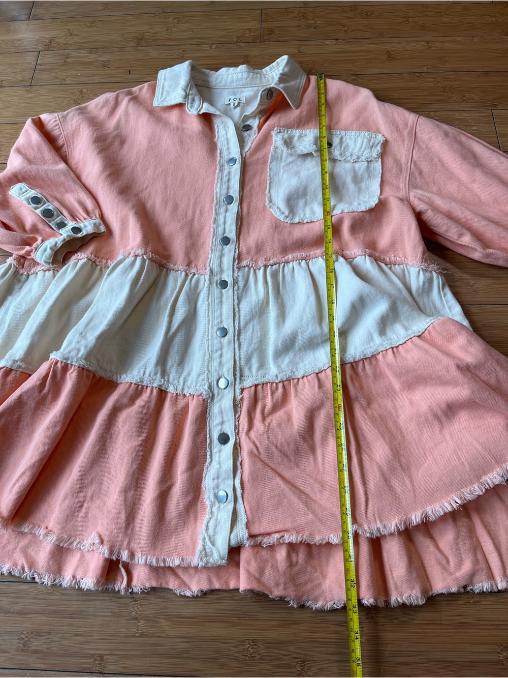 POL Pink & Cream Long Sleeve Tiered Denim Dress Western Boho Frayed Hem - Picture 9 of 11